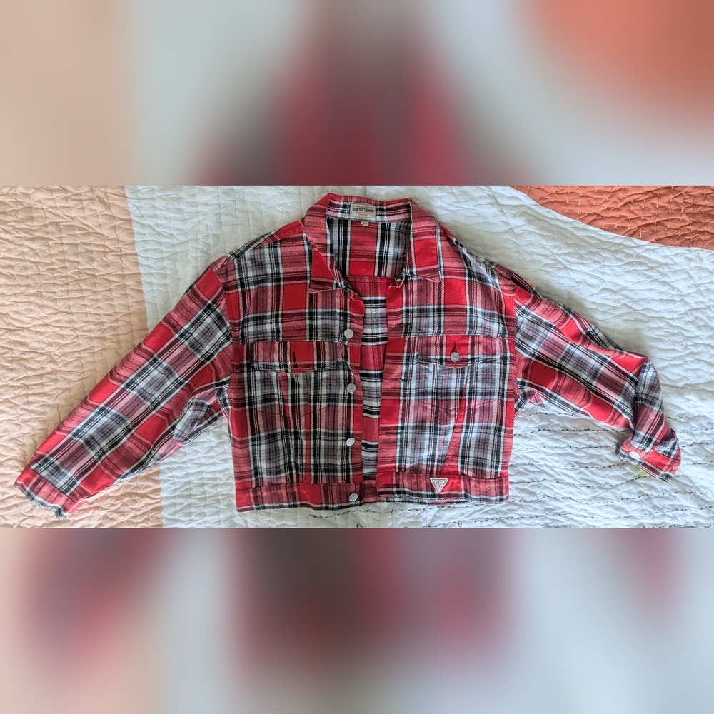 Cute Vintage Cropped Guess Jeans Plaid Jacket